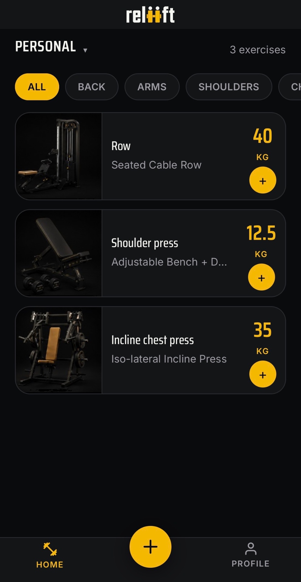 Reliift personal exercise list
